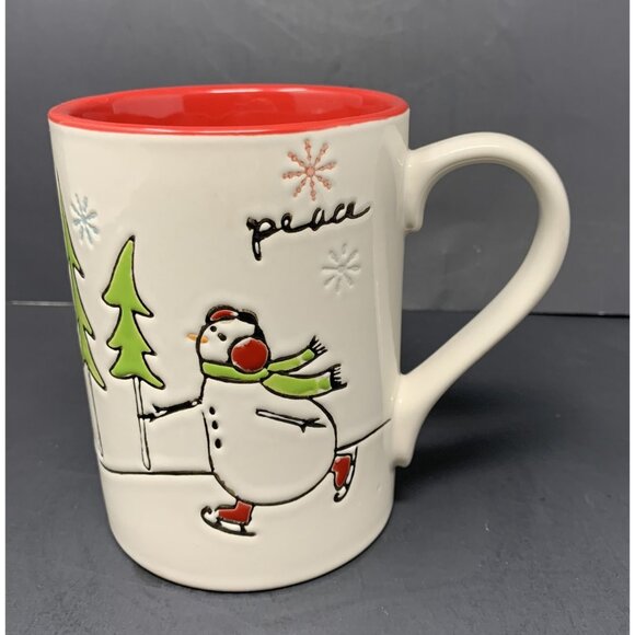 Tag Other - TAG ICE SKATING SNOWMAN PEACE MUG 16 oz Embossed Holiday Christmas Red Interior